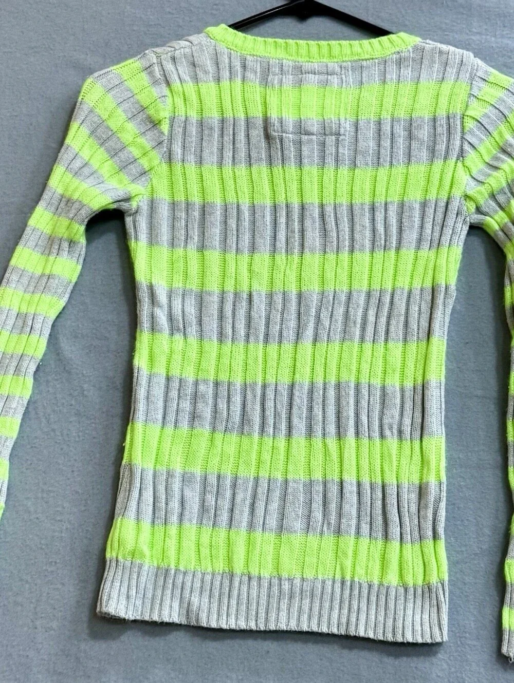 Justice Girls 14 Neon Green Gray Striped Ribbed V Neck Pullover Sweater